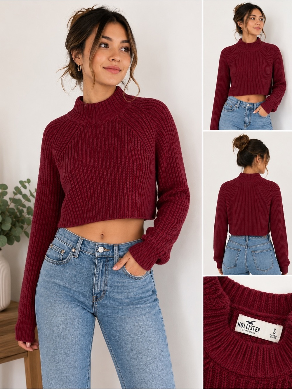 Hollister Women's Deep Burgundy Cropped Ribbed Turtleneck Sweater